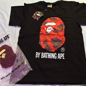 Bape Black Tee with Red Camo Ape Head Graphic